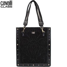 €287 Roberto Cavalli CLASS borsa Tote nera in velluto con ricami Outlet NEW