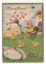 1961 Galbi Pasqua cartolina chioccia pulcini vestiti umanizzati laghetto pesci