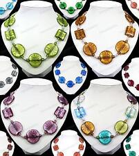 COLLANA PERLE VETRO GRANDE perle di murano FOGLIO ARGENTO ambra VERDE,BLU,NERO,ZEBRA