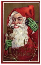 Babbo Natale Dorato Candelabro Telefono Verde Guanti 1914 Cartolina