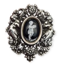 Spilla cherubino e angeli in argento, gioielli romantici smaltati dipinti, 1870.