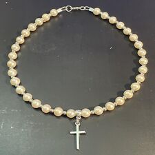 Collana con croce rosario di perle da donna catenina ciondolo lunga 42 cm