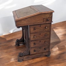 Antico Scrittoio Davenport Inglese Legno XIX Secolo Piano In Pelle Intagliato