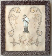 Quadro con immagine di S. Luigi Gonzaga su tessuto ricamato a mano - Fine '800