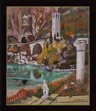 ARTE NAIF BORGO PONTE TERRAZZA SUL LAGO olio tavola ENRICO COPETTA COEN  BRESCIA