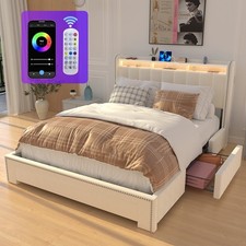 OYAJIA 140x200cm Letto Imbottito con Ripostiglio Rete a Doghe Letto con Illuminazione LED