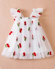 Vestito bambina con Volant e ricamo di Ciliegie Decorazione a Farfalla sul retro