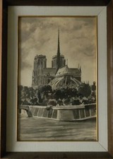 VECCHIA VEDUTA DELLA CATTEDRALE DI NOTRE -DAME DI PARIGI  QUADRO DIPINTO FIRMATO
