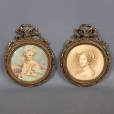 Antichi Quadretti Miniature Damine Retouchè E Stampa Cornici Ottone Primi ‘900