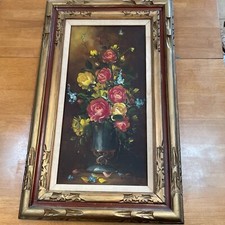Grande quadro vintage FIRMATO Edward olio su tela rose fiori bouquet opera d'arte