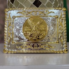 Fibbia cintura cowboy Centenario Western Hebilla Rodeo argento e oro finta 50 peso 