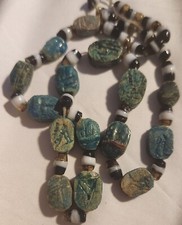 Collana Vintage Scarabei Egizi Ceramica Argilla Scarabeo Vetro Perline Corda Sfilacciata 