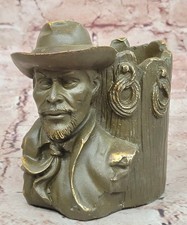 Firmato Anderson Cowboy Statua Bronzo Penna Porta Scultura Western da Collezione