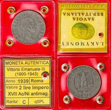 2 Lire 1939 XVII antimagnetico IMPERO Regno Vittorio Emanuele III 1901 - 1943