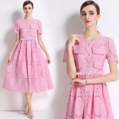 Abito rosa pizzo ricamato con - rosa,