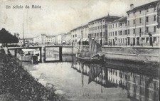Saluti da Adria  - Viaggiata 1914  Animazione Burci Burchi a vela Canal Bianco
