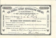 PENNSYLVANIA The Ridgway Patent Refrigerator Co of Phila Stock Certificate 1883