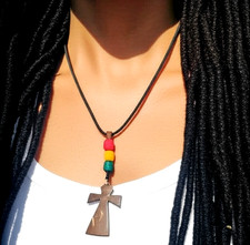 Collana Rasta Roots Africa Healing Brown croce fatta a mano cocco uomo...