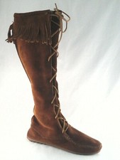 Stivali mocassino MINNETONKA 1422 marroni alti davanti pizzo al ginocchio frange US 6 EU 37