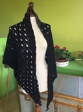 SCIALLE Stola Baktus Nuovo Uncinetto LANA NERO Lamé Argento Sciarpa 200x96 cm.