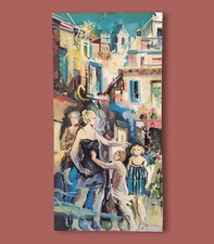 Vivace scena villaggio italiano grande quadro moderno tecnica mista firmato