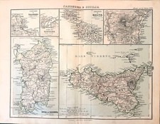 Carta geografica antica SARDEGNA SICILIA MALTA PALERMO MESSINA 1898 Antique map
