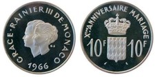 Monaco, 10 Francs, 1966, Matrimonio Ranieri III FDC-, Argento - Silver