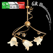 LAMPADARIO IN FERRO BATTUTO 3 L. RUGGINE ORO VETRI PAGLIERINO SOSPENSIONE Dina