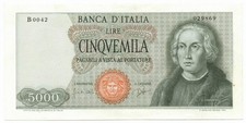 5000 LIRE CRISTOFORO COLOMBO I TIPO MEDUSA 03/09/1964 SPL