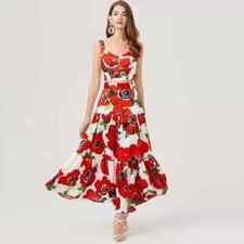 Vestito Completo Donna Set Tailleur Top Camicia Gonna Rosso Fiori Raso 07756