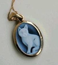 Collana Vintage 14K Calcedonio Bianco e Nero Gattino Gatto Cammeo Ciondolo Catena