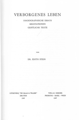 Edith stein vita - vita, nascosta