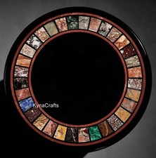 Tavolino da Caffè da Lavoro Multicolore Intarsiato Pietra Preziosa Rotondo Marmo Nero Centrotavolino