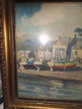 Dipinto Antico Olio Su Compensato Anni 40 . Marina Con Barche
