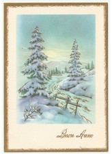 Non Viaggiata cartolina vintage auguri di Buon Anno paesaggio innevato abeti