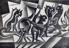 FORTUNATO DEPERO - ELASTICITA' DI GATTI  - STAMPA LITOGRAFICA FIRMATA -FUTURISMO