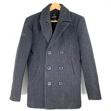 Superdry Tweed Lana Spina di Pesce Pea Cappotto Piccolo Grigio Premium Navale Melton Bottone