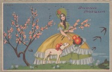 CARTOLINA  AUGURALE BUONA PASQUA UOVO PASCALE PULCINI AGNELLI VIAGGIATA 1935