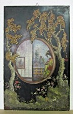 QUADRO DIPINTO  PANELLO LEGNO CINESERIE LACCA FIRMATO ANTICO DECORO GEISHA
