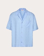 Camicia Valentino seta azzurra con logo jacquard VLogo, maniche corte