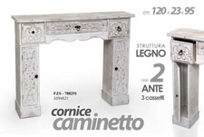 CORNICE FINTO CAMINO CAMINETTO LEGNO 2 ANTE 3 CASSETTI BIANCO ANTICATO 120*23*95