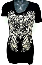 PLATINUM PLUSH LADIES SHARP CROSS & WINGS SHORT SLEEVE TOP W/RHINESTONES #1905