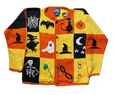 Maglione cardigan maglia Halloween vintage L strega ragno scheletro anni 90 spettrale