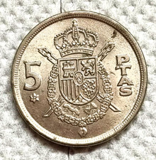 MONETA 5 PTAS 1975 SPAGNA JUAN CARLOS I REY DE ESPANA RARA EPOCA VINTAGE