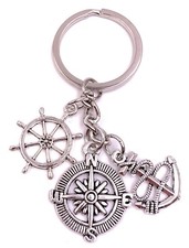 Portachiavi Nautico Ancora Timone Globo Nord Sud Argento Metallo Charm