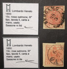 Lombardo Veneto 15 Cent III 1850 Rosa Salmone+Rosso Salmone Qualita X 2 Colori R