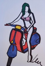 Marco LODOLA, Pin up in Vespa, opera unica su carta, 42x30 cm, firmata,autentica