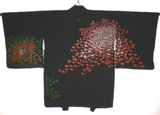 Giacca kimono Haori seta nera giapponese vintage anni 40 tessuto urushi crisantemo