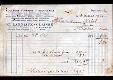 LE CATEAU (59) PEINTURES VERNIS & DROGUERIE "LANNIAUX & CLAISSE" Facture en 1933