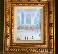 Smalto incorniciato firmato Don Mingolla su rame Ptng. Pattinaggio su ghiaccio Citiscape People